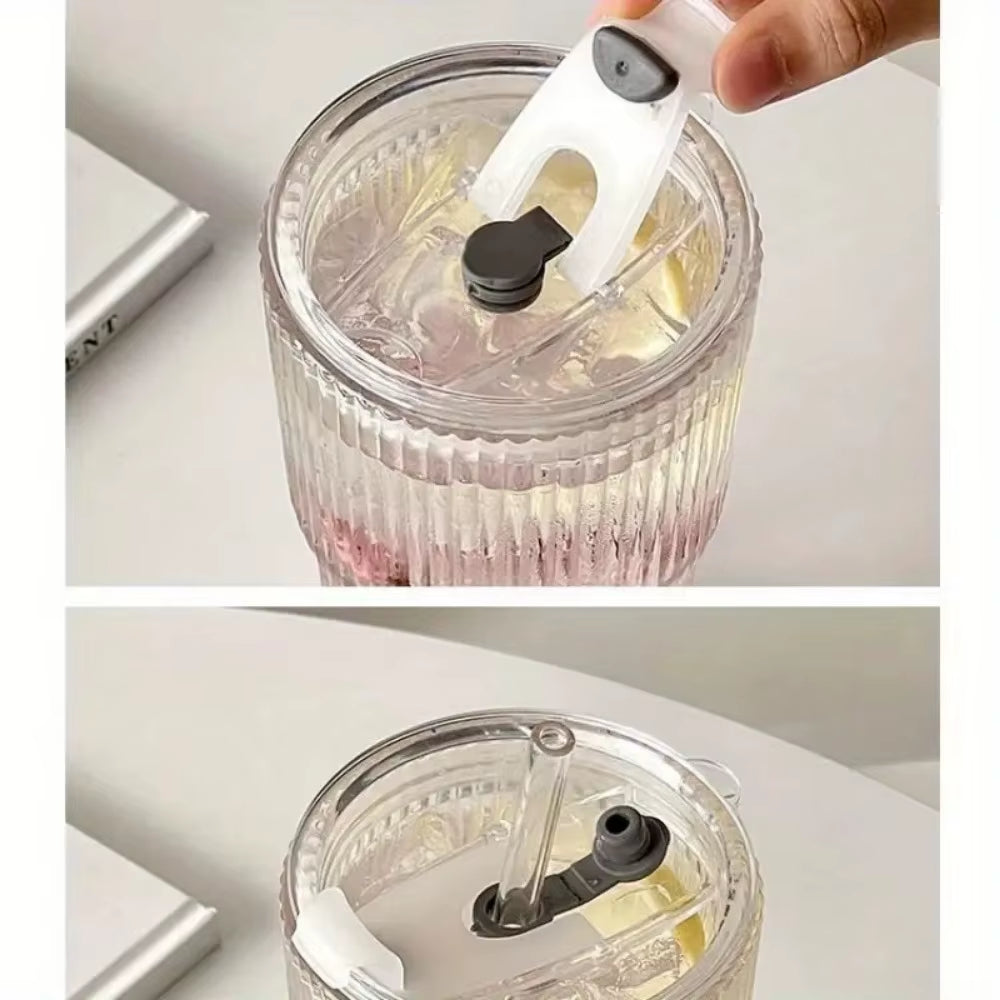 600Ml Stripe Glass Cup with Lid and Straw Transparent Drinking Glasses for Juice Water and Iced Coffee Cups Mug Drinkware